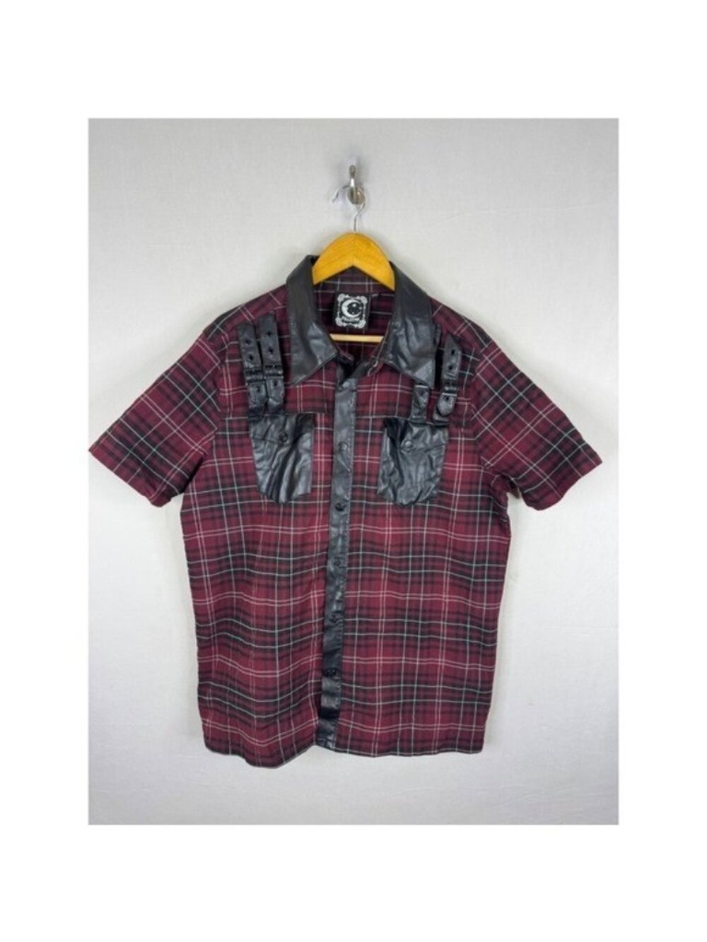 Killstar Mens Red Black Plaid Faux Leather Buckle Short Sleeve Shirt XXL Gothic